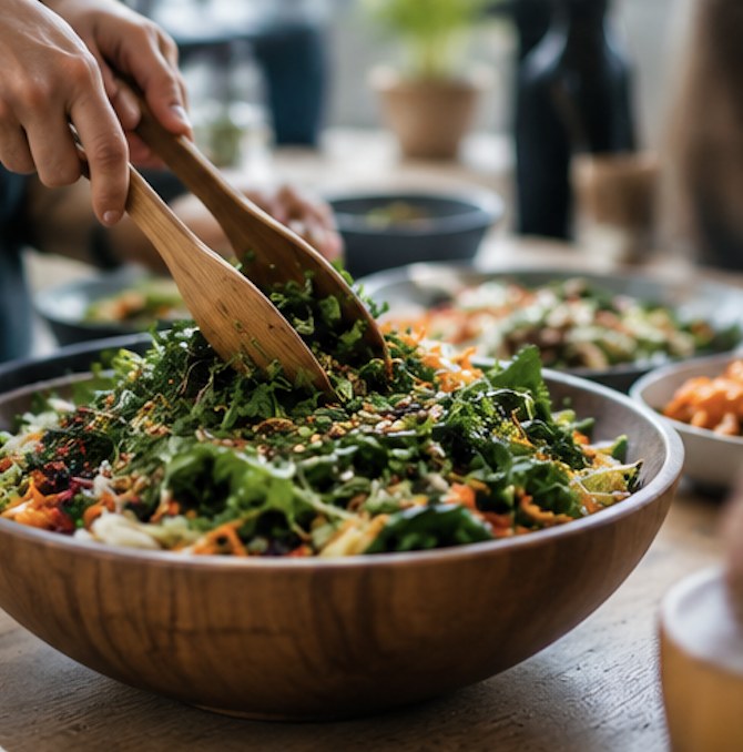 Members tossing a shared salad together at eFIT