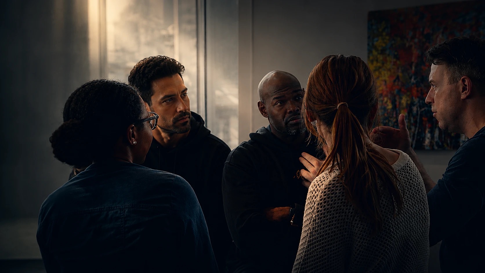 A small group standing close together in conversation
